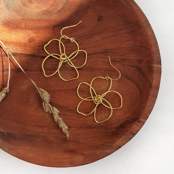 Brass wire flower earrings, lightweight, handmade, statement