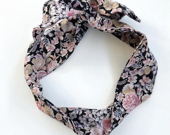 Black and pink vintage floral cotton wired headband, wire hairband, hair wrap, wired bow, upcycled, eco friendly
