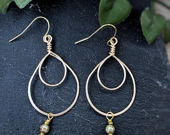 Handmade double teardrop gold wire earrings with natural green gem stone, 18k gold french hooks