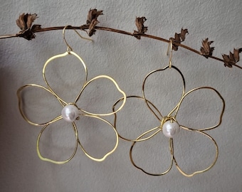 LARGE Brass wire flower earrings with faux pearl centres, lightweight, handmade, statement