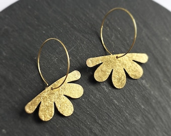 Delicate hammered brass half flower earrings, 18k gold french hooks