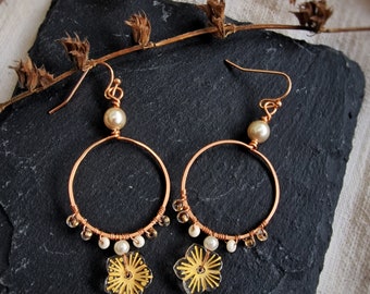 Handmade copper hoop earrings with Czech glass flowers, seed and pearl beads