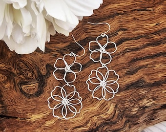 Silver double wire flower earrings, delicate, lightweight, natural, organic, statement