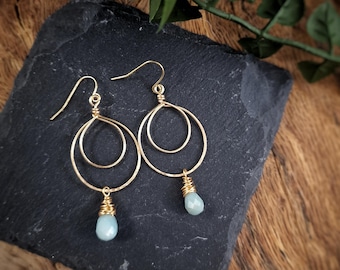 Handmade gold teardrop hammered wire earrings with light turquoise faceted beads