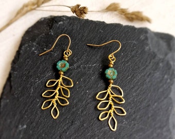Delicate branch gold wire earrings with turquise flower bead, lightweight, handmade, dainty, lightweight, dangle, subtle