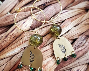 Brass arch earrings with hand stamped leaves, green beads, gold plated hoops