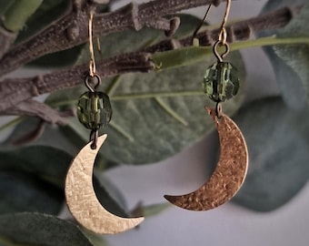 Hammered brass crescent moon earrings with faceted green beads