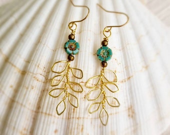 Delicate Branch Gold Wire Earrings With Turquise Flower Bead