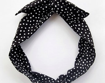 Black and white polka dot crepe wired headband, wire hairband, hair wrap, wired bow, upcycled, eco friendly