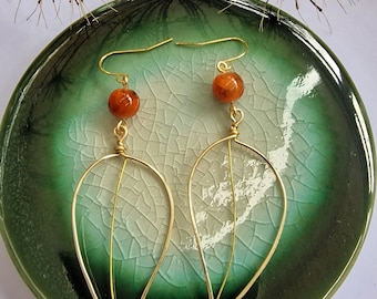Handmade gold plated leaf earrings with deep orange beads, minimalist, botanical, wire earrings,  autumn, fall