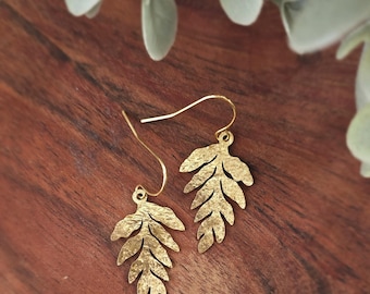 Delicate hammered brass leaf earrings, 18k gold french hooks