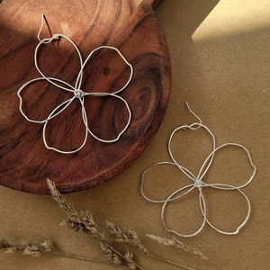 EXTRA large silver wire flower earrings, abstract, hibiscus, lightweight, natural, organic, statement