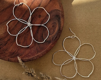 EXTRA large silver wire flower earrings, abstract, hibiscus, lightweight, natural, organic, statement