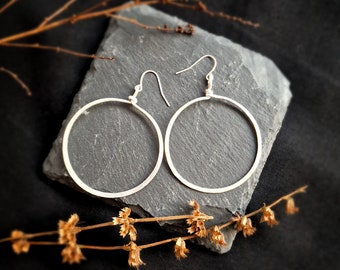 Super lightweight aluminium large silver hoop earrings, hammered, handshaped