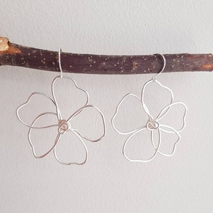 Silver wire flower earrings, delicate, hand shaped, sterling silver hooks, delicate, statement, lightweight image 5
