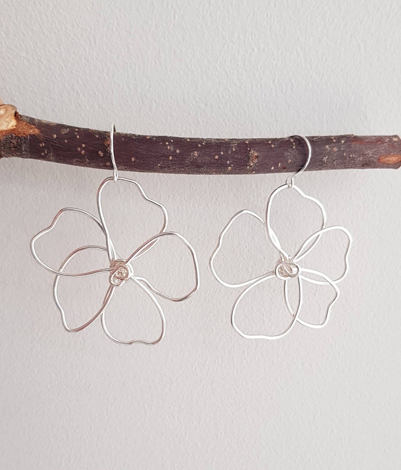 Silver wire flower earrings, delicate, hand shaped, sterling silver hooks, delicate, statement, lightweight image 5