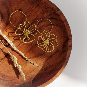 Gold wire flower earrings, hoops, lightweight, handmade, statement