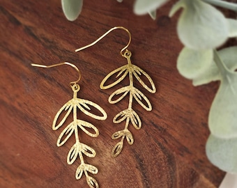 Delicate hammered brass leaf earrings, 18k gold french hooks