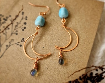 Handshaped copper wire moon earrings with upcycled turquoise and iridescent beads, minimalist, handshaped, celestial