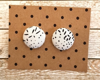 Upcycled fabric button earrings, black and white dots and sprinkles, handmade, studs, stainless steel hypoallergenic, eco freindly