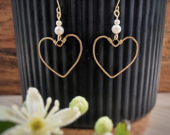 Handshaped hammered brass heart earrings with pretty pearl beads, lightweight, handmade, lightweight, dangle