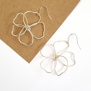 Silver wire flower earrings, delicate, hand shaped, sterling silver hooks, delicate, statement, lightweight image 2