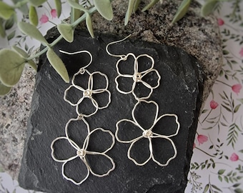 Double flower, silver wire flower earrings, abstract, hibiscus, lightweight, natural, organic, statement