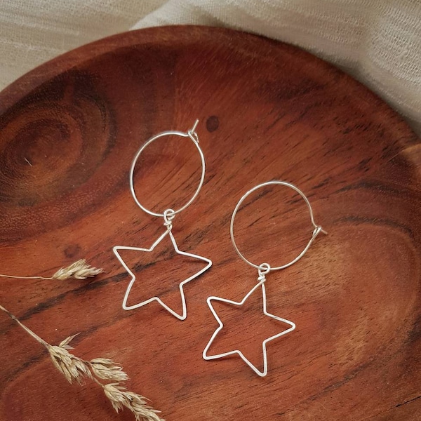 Silver hollow star hoop earrings, handshaped, minimalist