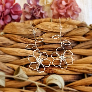 Silver wire flower earrings with stems, delicate, hand shaped, sterling silver hooks, delicate, statement, lightweight