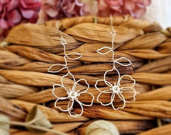 Silver wire flower earrings with stems, delicate, hand shaped, sterling silver hooks, delicate, statement, lightweight