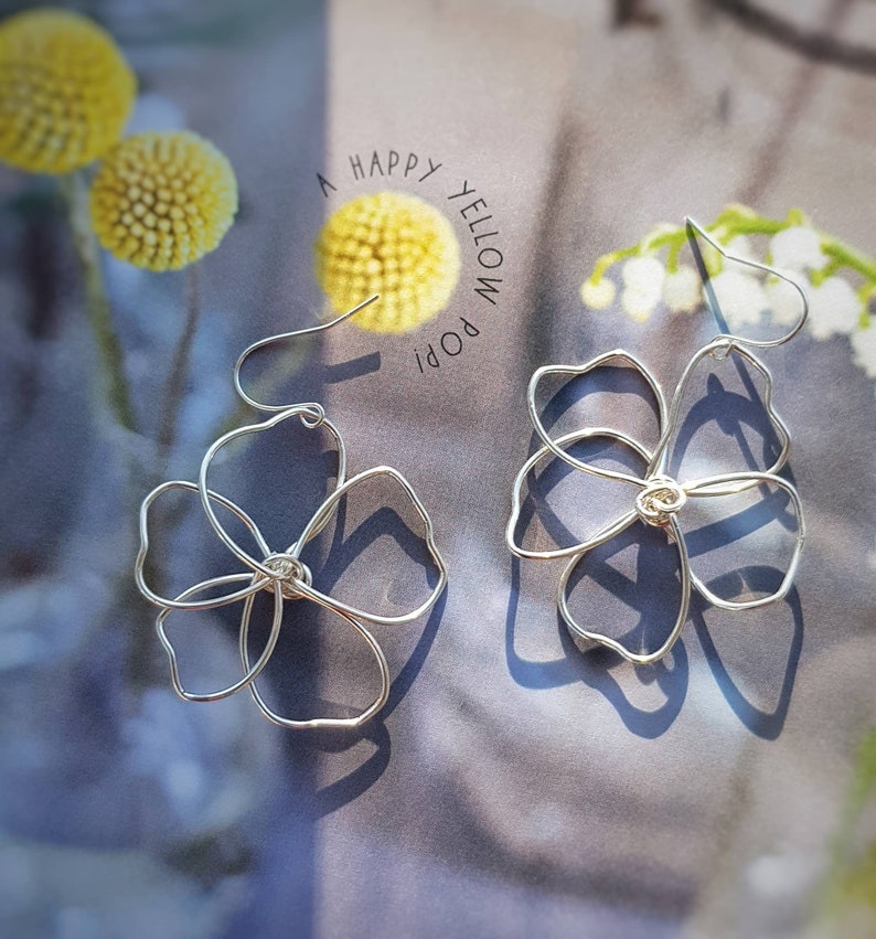 Silver wire flower earrings, delicate, hand shaped, sterling silver hooks, delicate, statement, lightweight image 3