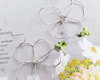 Large silver wire flower earrings, abstract, hibiscus, lightweight, natural, organic, statement