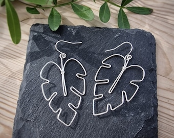 Monstera leaf earrings, silver wire,  silver plated french hooks, handmade, lightweight