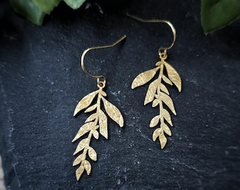 Delicate hammered brass leaf earrings, 18k gold french hooks