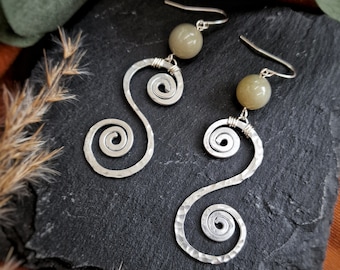 Lightweight aluminium hammered spiral earrings with grey-green beads, handmade