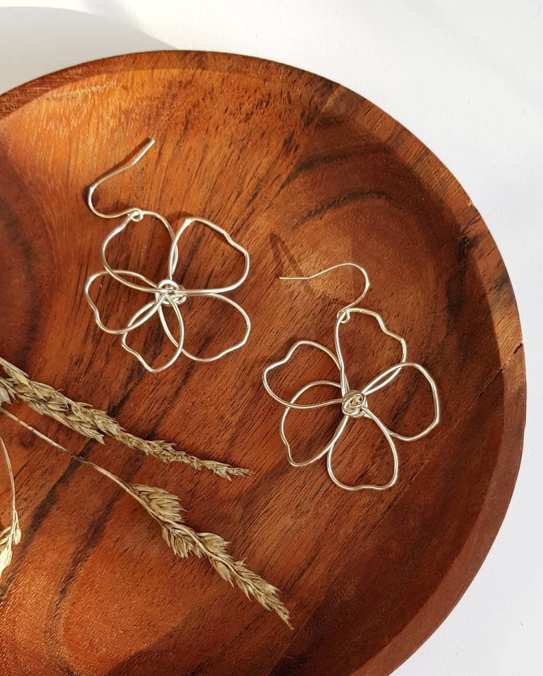 Silver wire flower earrings, delicate, hand shaped, sterling silver hooks, delicate, statement, lightweight image 1