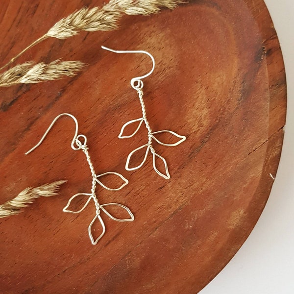 Delicate silver wire branch earrings, lightweight, handmade, dainty, dangle earrings