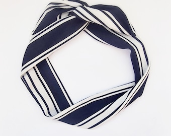 Navy blue and white stripe wired headband, wire hairband, hair wrap, wired bow, upcycled, eco friendly