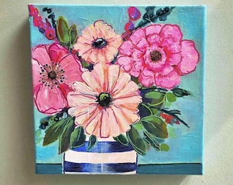 Original painting Abstract flowers in Cornishware vase by Emily Henson