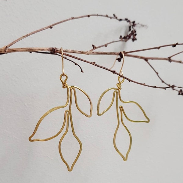 Gold wire leaf branch earrings, delicate, hand shaped, gold plated hooks, delicate, statement, lightweight, botanical