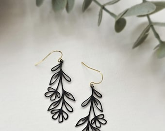 Delicate black flower and leaf earrings, 18k gold french hooks