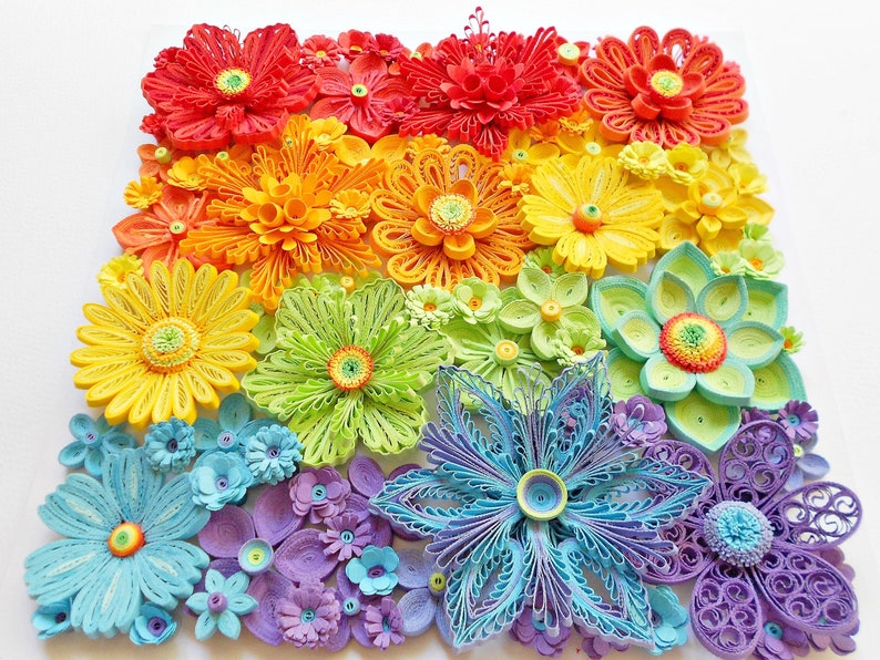 Quilling Rainbow Paper Flowers Wall Art Decoration Etsy