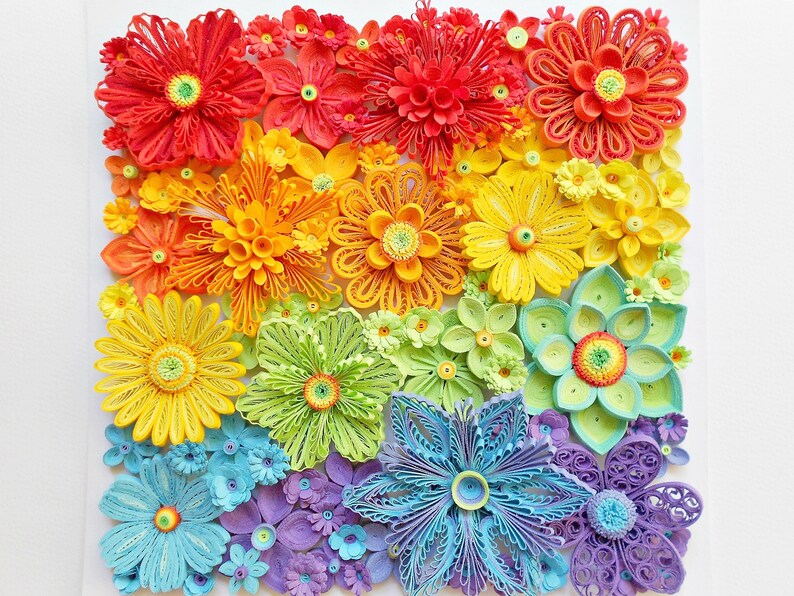 Quilling Rainbow Paper Flowers Wall Art Decoration Etsy