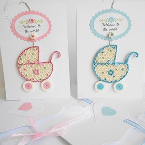 Carta per quilling, carta per bambini Quilling, carta per quilling, carrozzina rosa/blu, benvenuto nel mondo