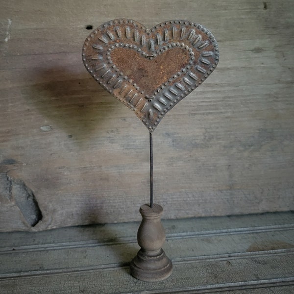 Punched tin heart on stand handmade