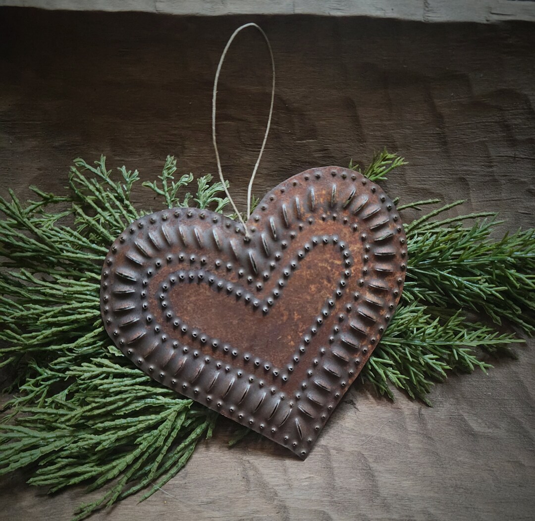 Punched Tin Heart Ornament Handmade Etsy