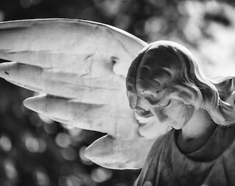 Lit; Angel Statue; Angel in the Sun; Angel Wings; Black and White; Fine Art Print