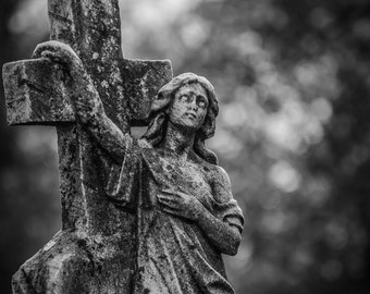 Strong in Faith; Victorian; Black and White Photography; Lovely Statue; Fine Art; Gothic; Cemetery Monument; Gift Idea; Gothic Art