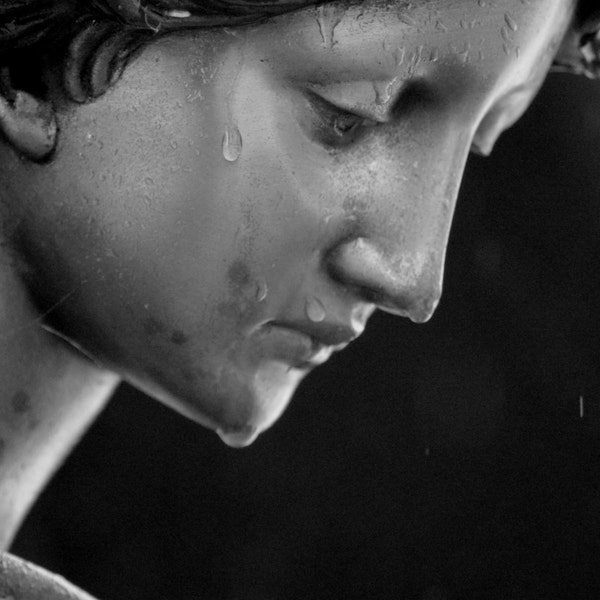 Tears from Heaven; Angel Statue; Angel in the Rain;  Bronze Statue; Black and White