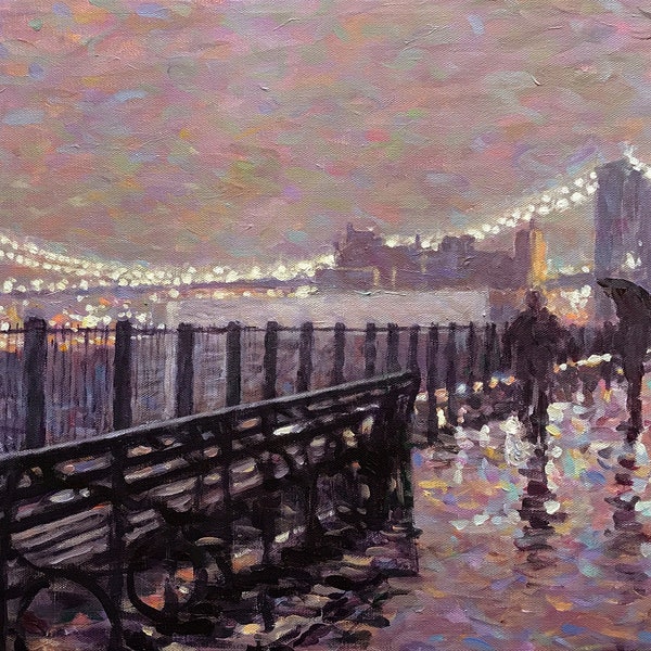 Rainy Evening, Brooklyn Promenade, - fine art giclée print of an original Impressionist painting by Robert Padovano